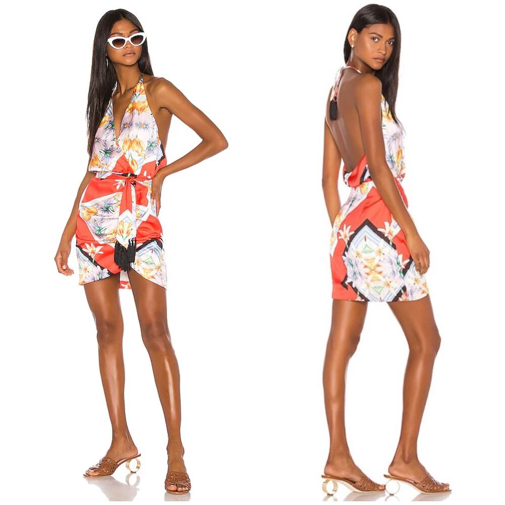 Song Of Style Jemma Mini Dress Size XS Scarf Print Fringe Halter Vacation Satin